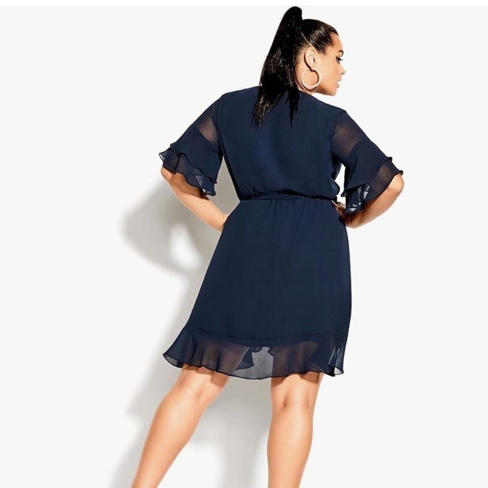 City Chic | Blue Flutter Frill Mini Tie Waist Faux Wrap Dress Size XXL/24 - Picture 2 of 11